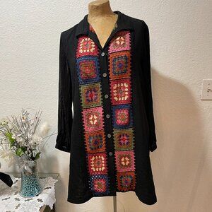 NWT $129 JOHN MARK Black Boho Crochet Blouse Print on Back M L